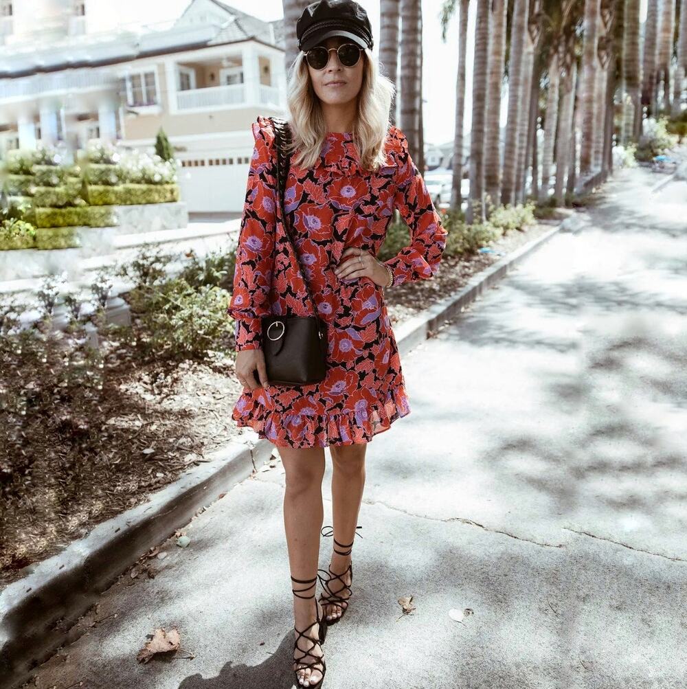 Who What Wear Women's Floral Long Sleeve Shift Dress Red Purple Black Size XL